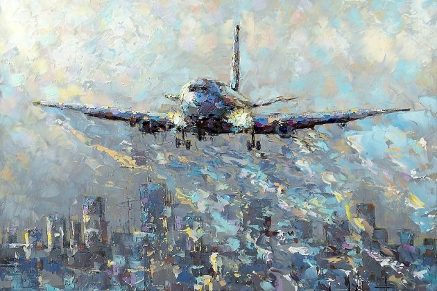 Картина художника Дмитрия Кустановича "Самолет, идущий на посадку ранним утром"