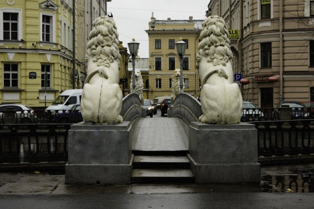 Львы на львином мосту в Санкт Петербурге